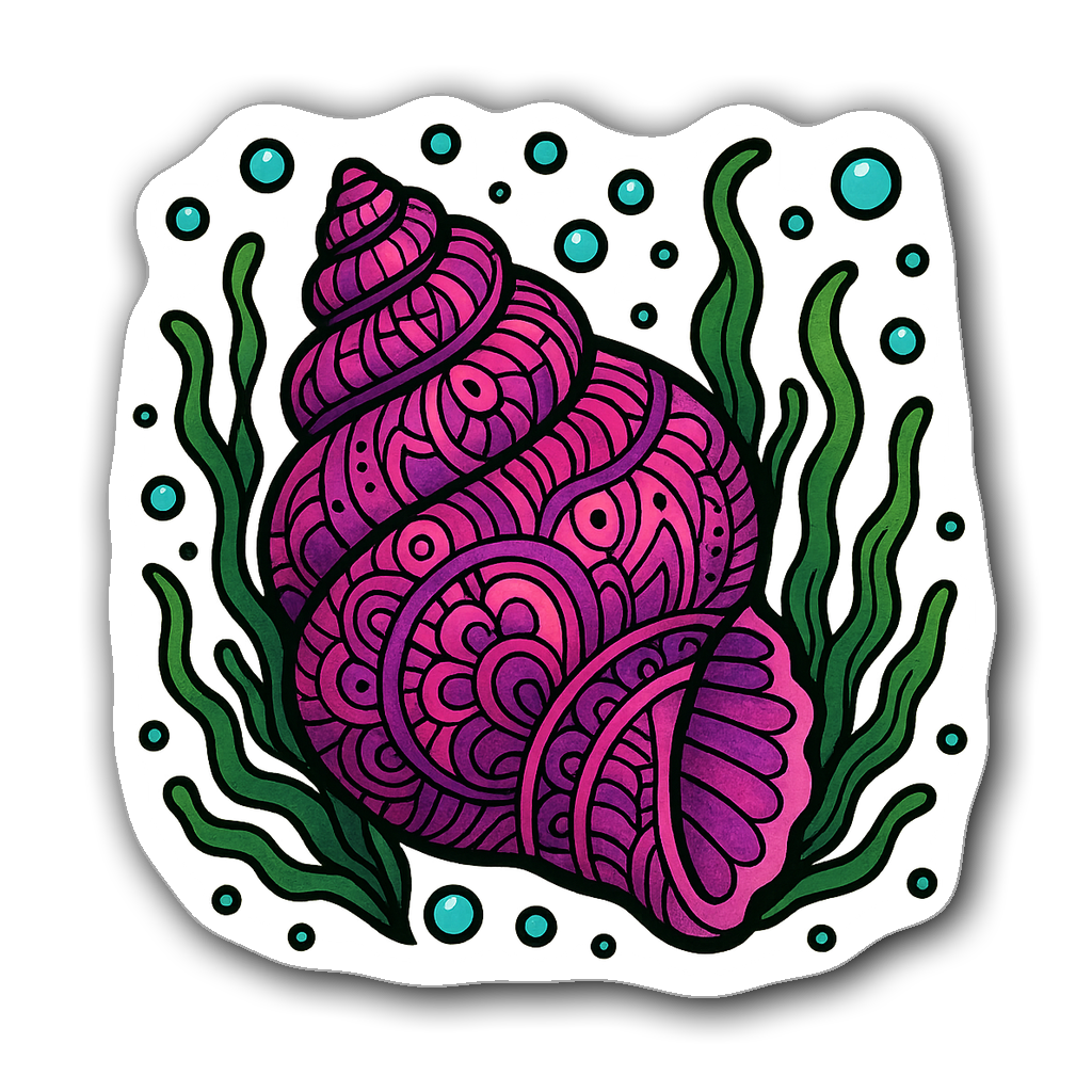Vibrant seashell with patterns in pink and purple surrounded by bubbles.