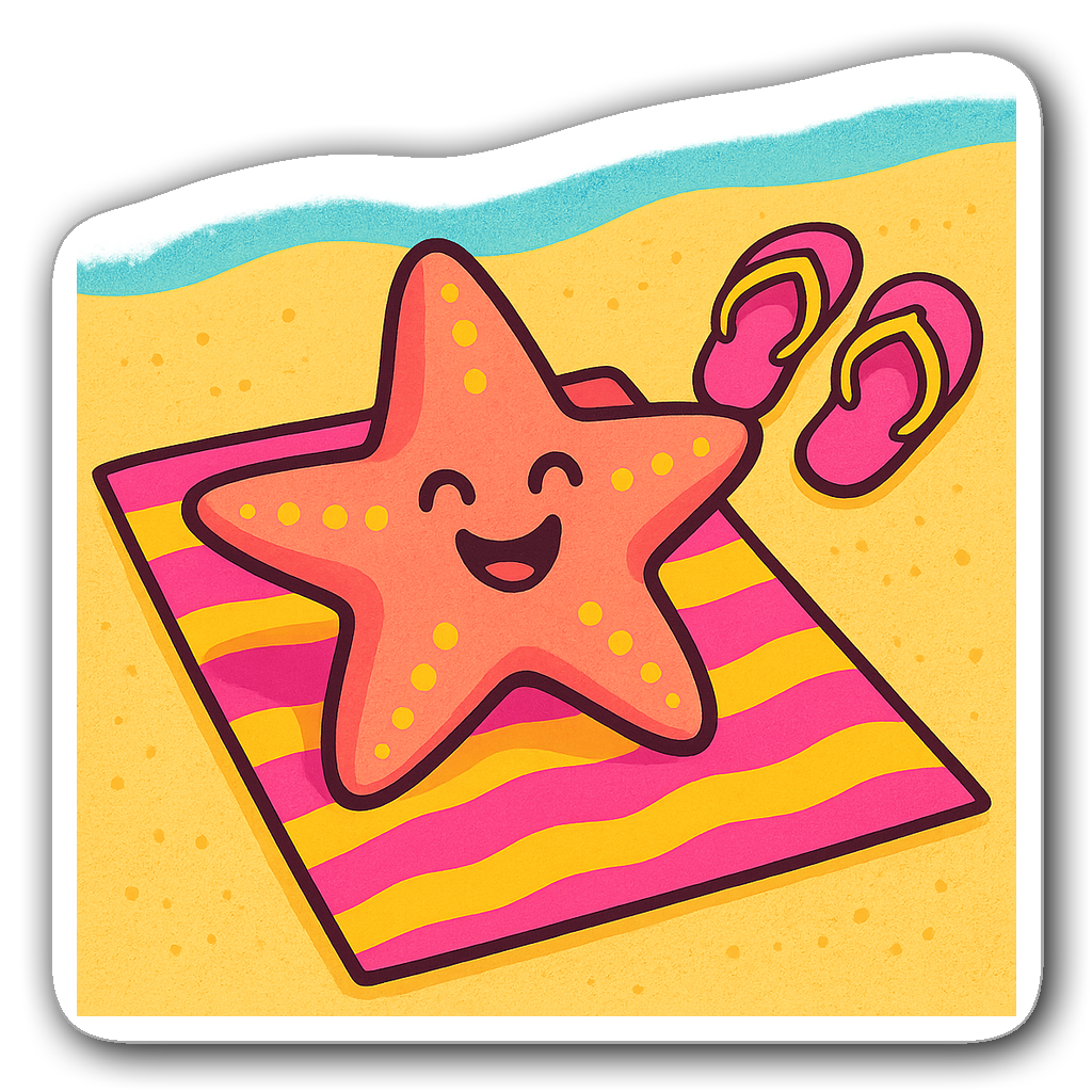 A smiling starfish on a beach towel with flip-flops