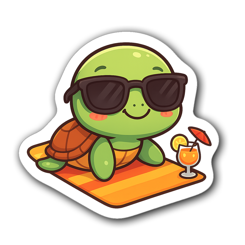Kawaii chibi turtle wearing sunglasses on a beach towel with cocktail