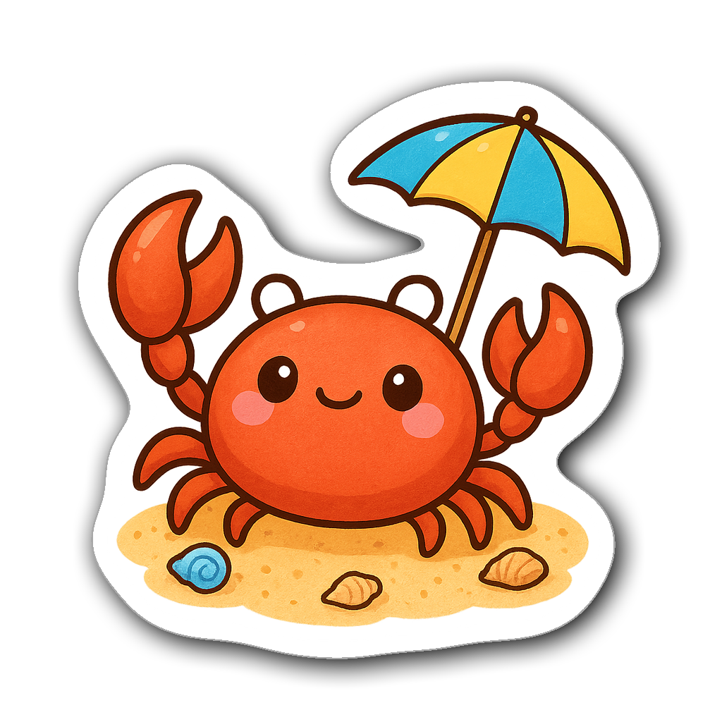 Kawaii chibi crab with beach umbrella on sand and seashells