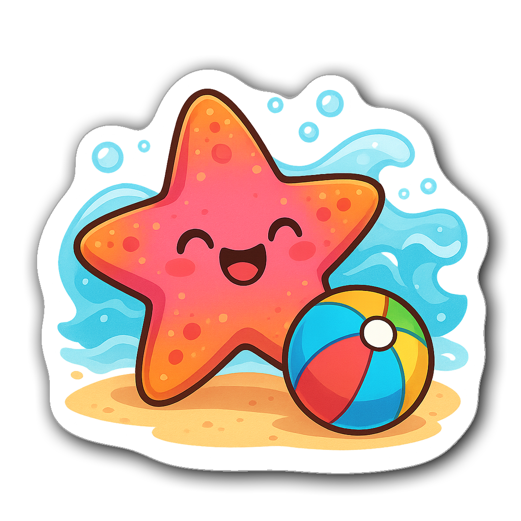 Kawaii chibi starfish rolling a colorful beach ball on the sand