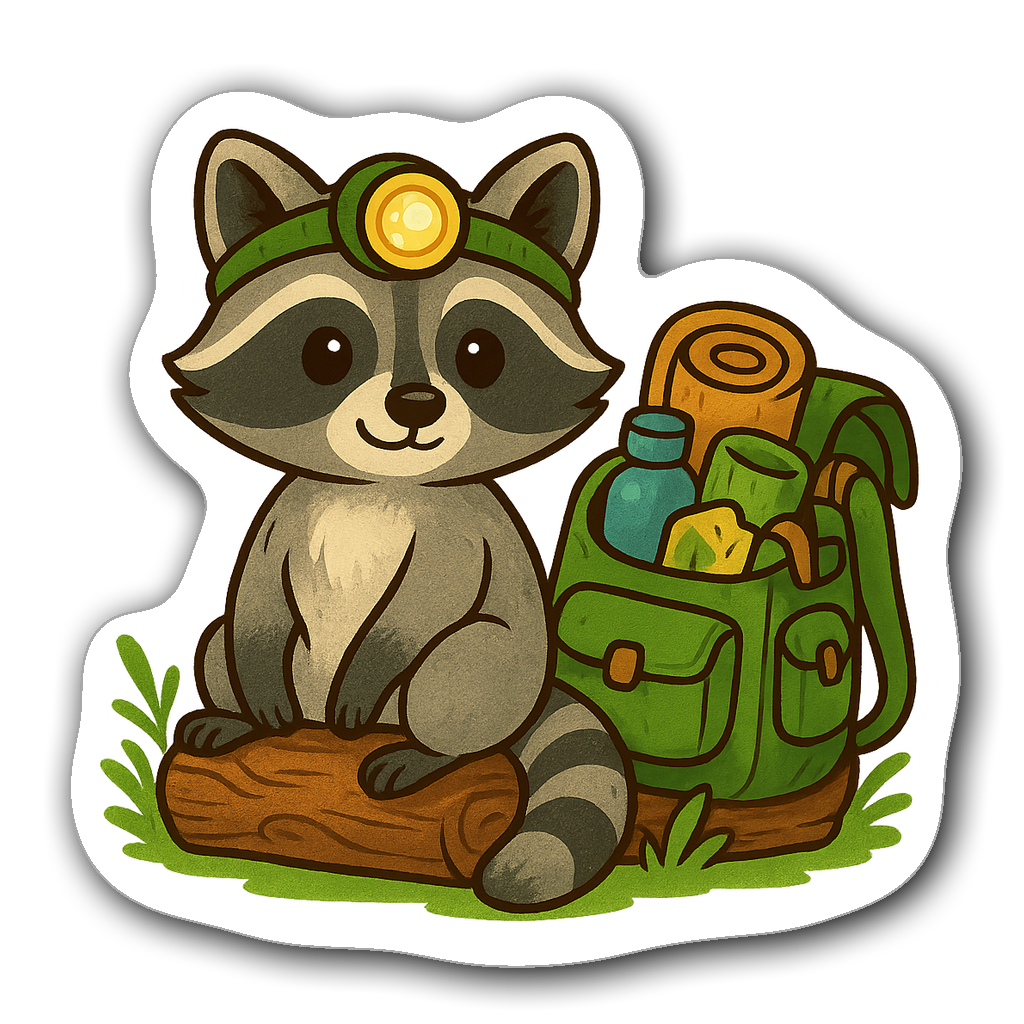 Cute raccoon with headlamp sitting on log near backpack