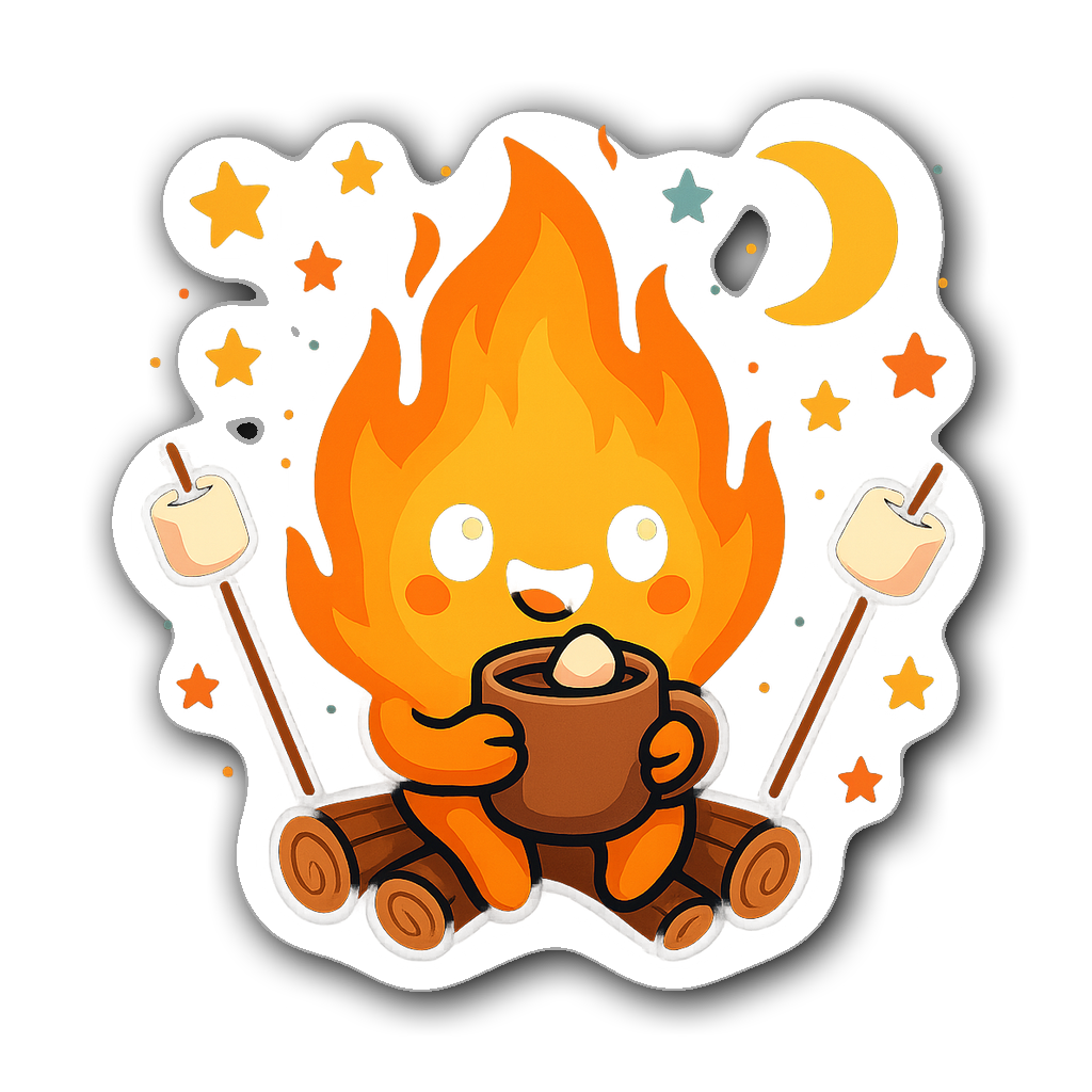 A cheerful campfire character with animated flames and stars