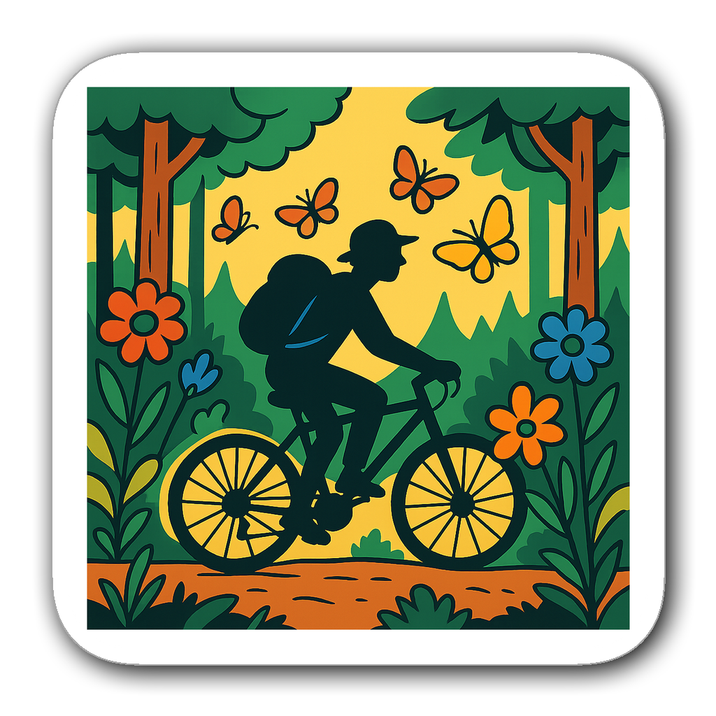 Adventurous camper silhouette on a bicycle with flowers and butterflies