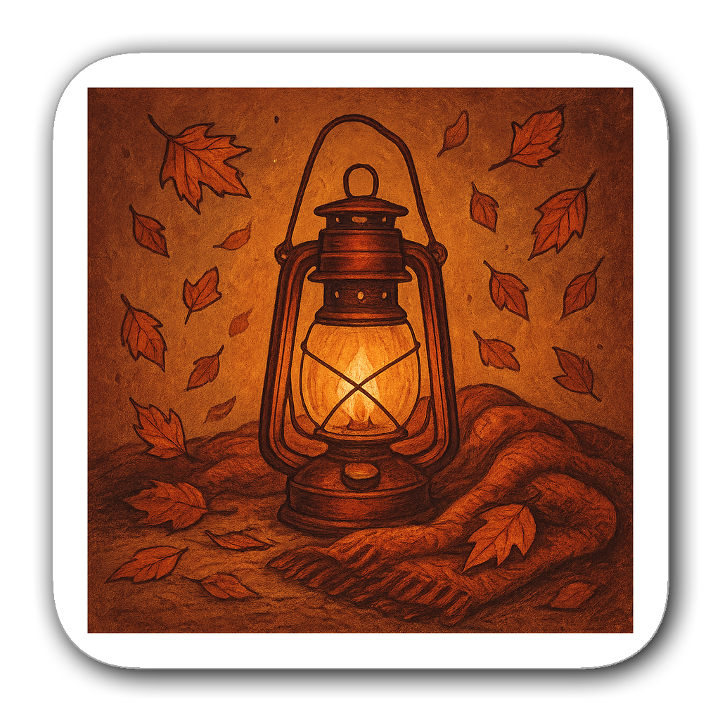 Vintage-style lantern sticker with autumn leaves and cozy blanket.