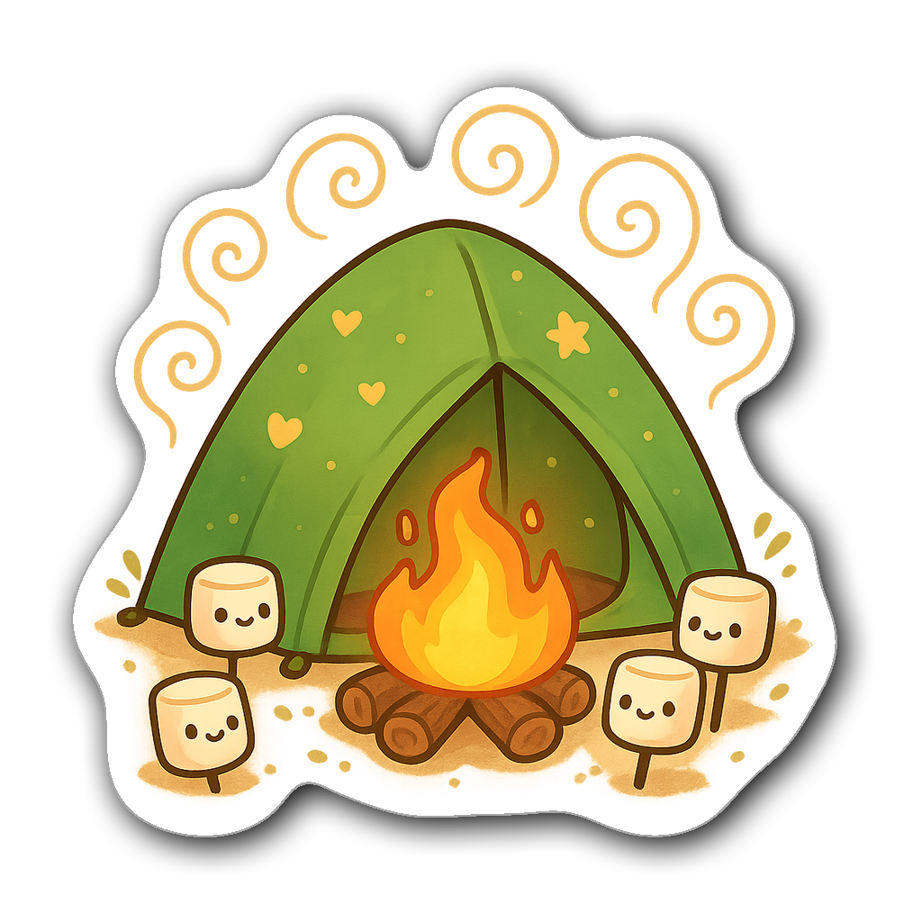 Kawaii chibi camping tent with fire pit and marshmallows
