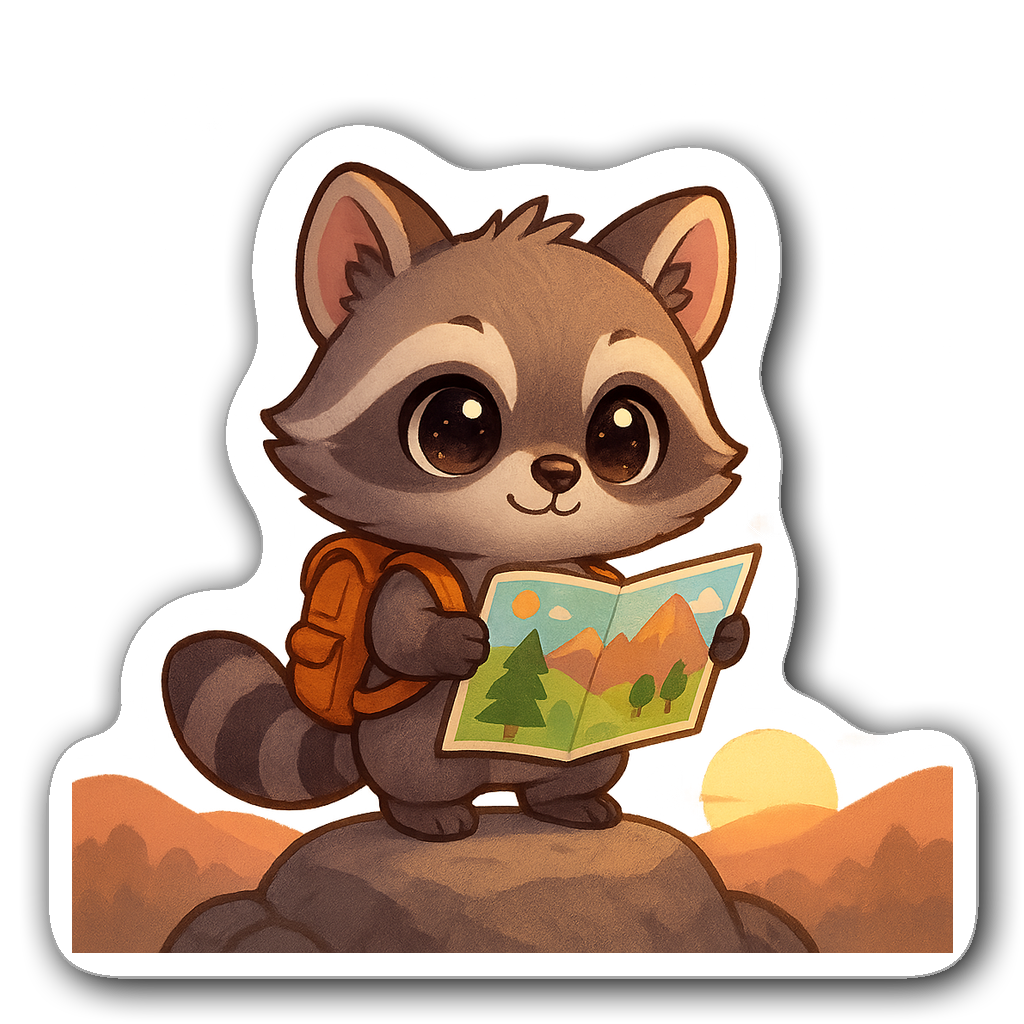 Kawaii chibi raccoon in a sunset with a backpack and map