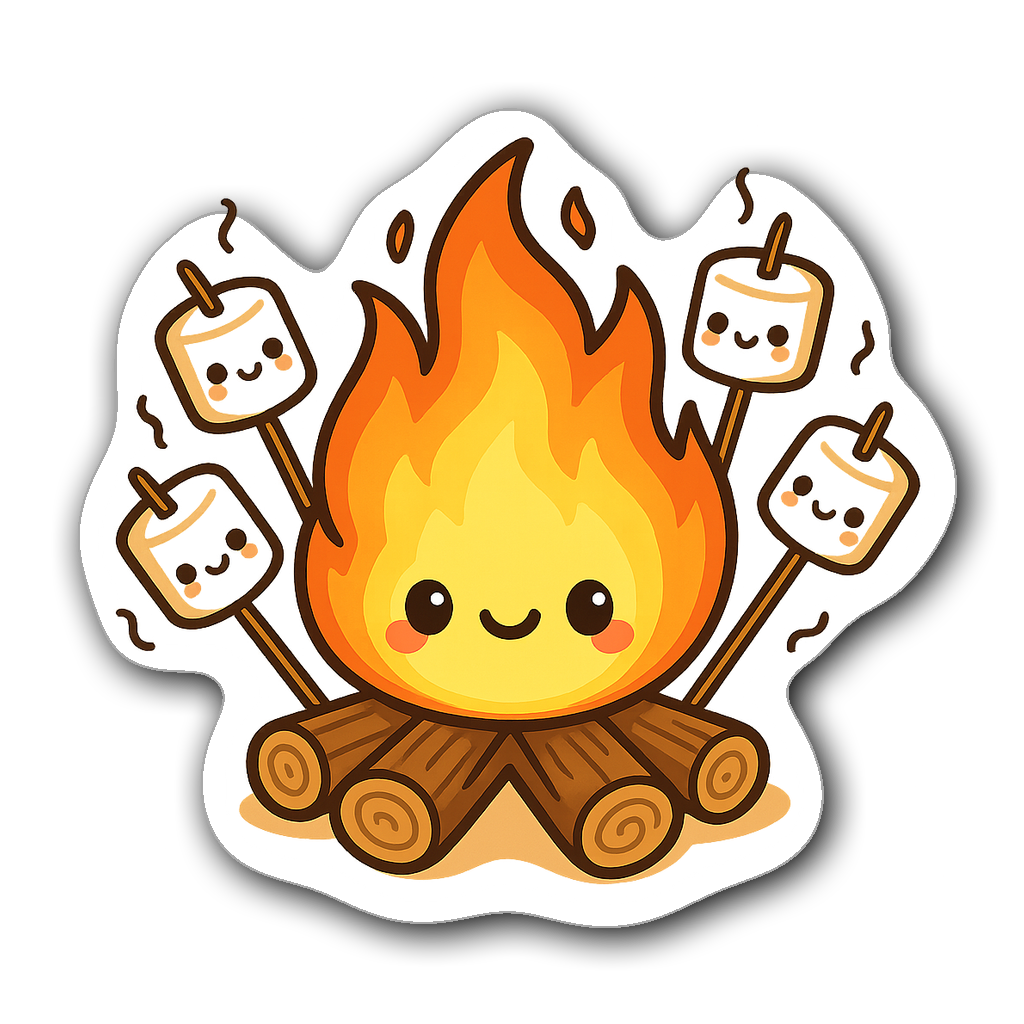 Kawaii chibi campfire character with cute marshmallows