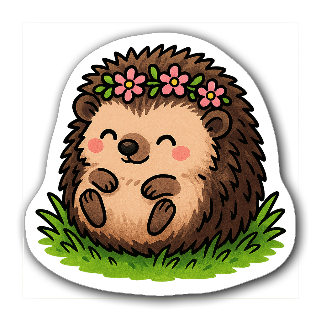 Adorable hedgehog with flower crown on grass