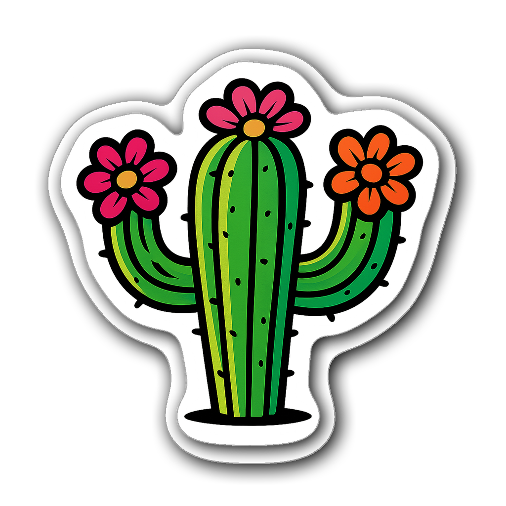 Flat vector illustration of a vibrant cactus with flowers