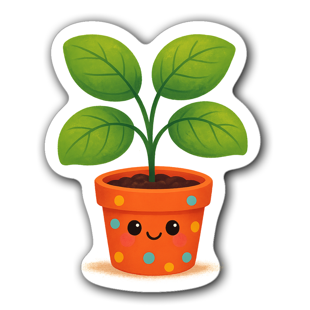 Cute smiling potted plant with big leaves and polka dot pot