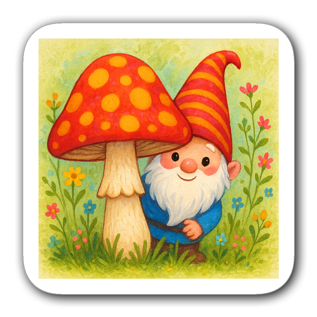 Adorable gnome behind a mushroom with wildflowers