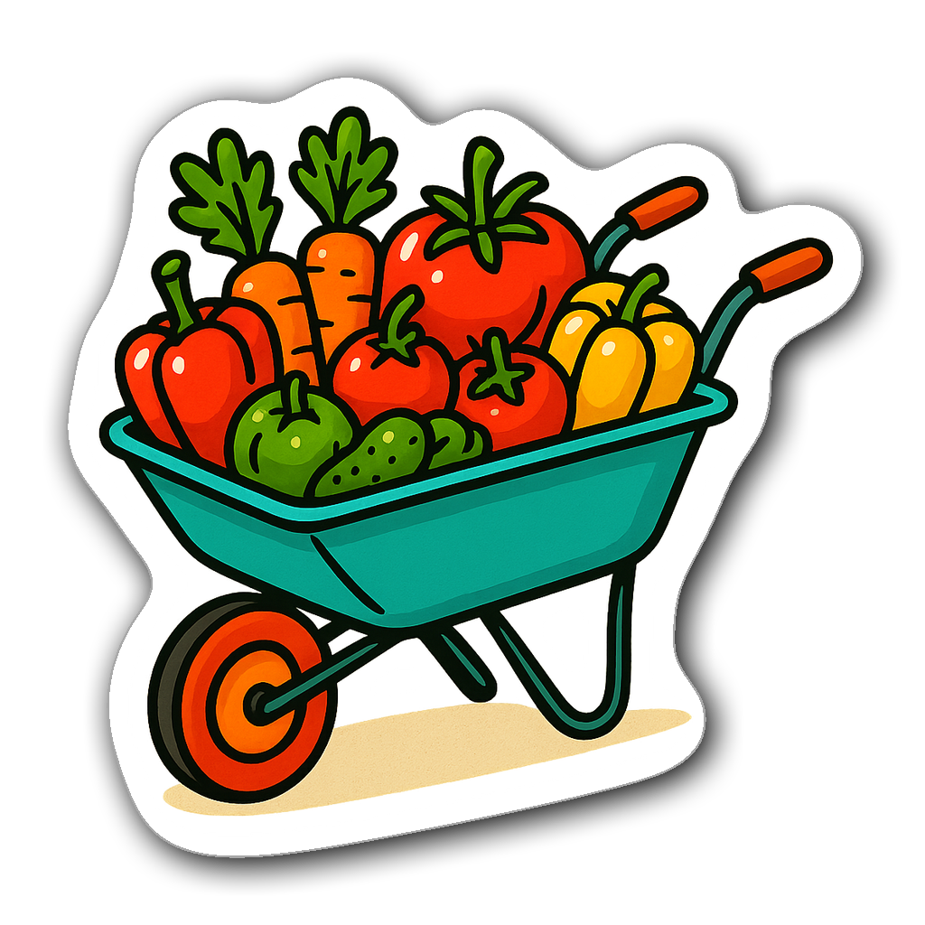 A colorful wheelbarrow filled with vegetables sticker