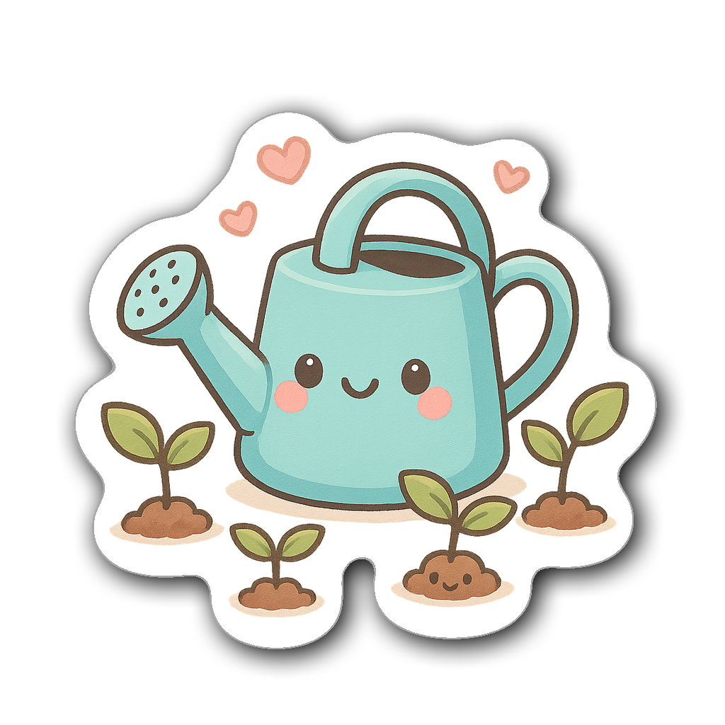 Kawaii chibi watering can sticker with cute faces and pastel colors