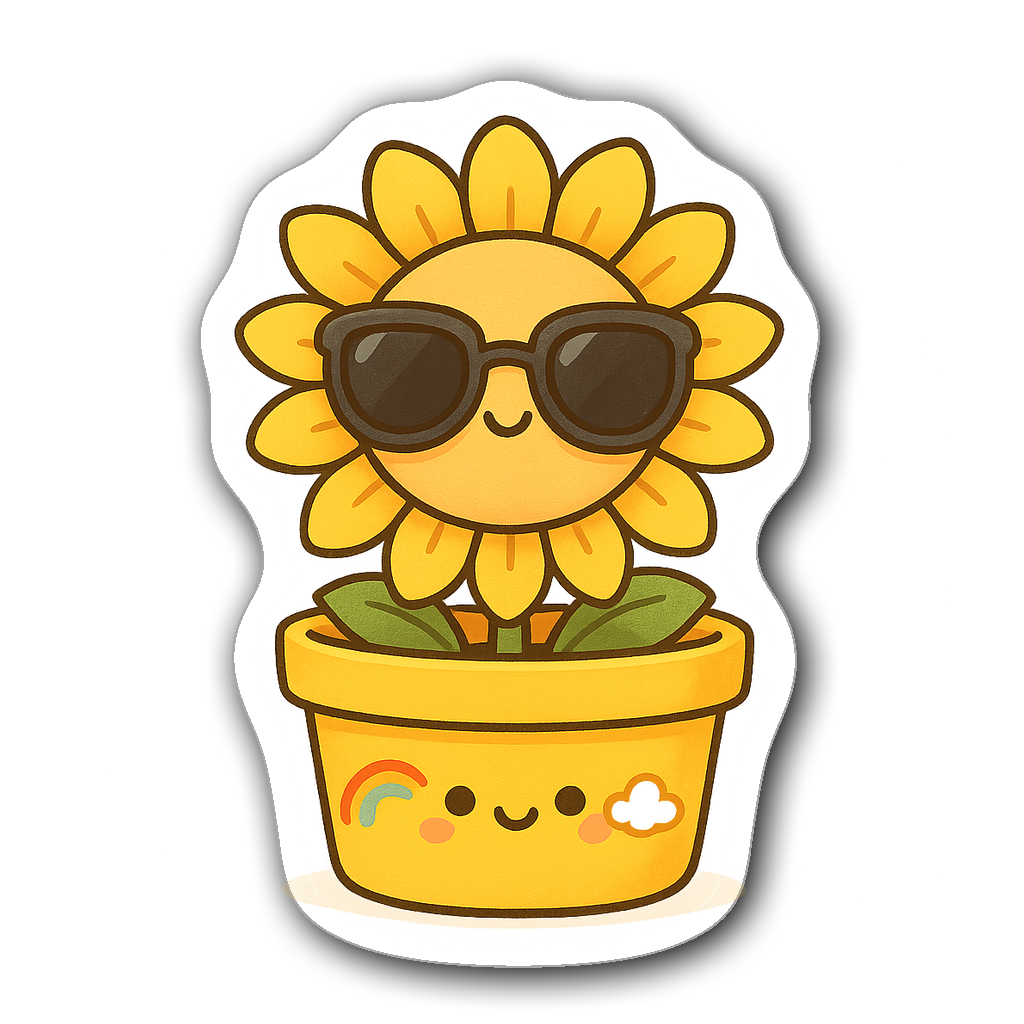 Kawaii sunflower pot sticker with cheerful sunflower and doodles