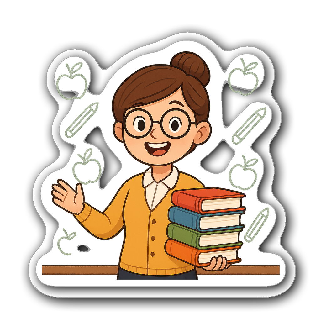 Cheerful teacher character with books and chalkboard illustration