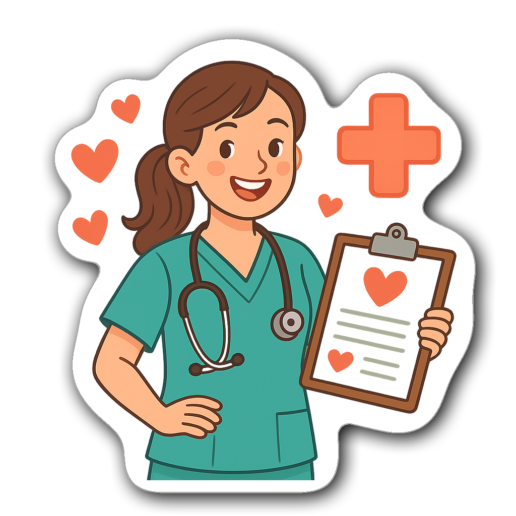 Upbeat nurse in scrubs with stethoscope and heart designs