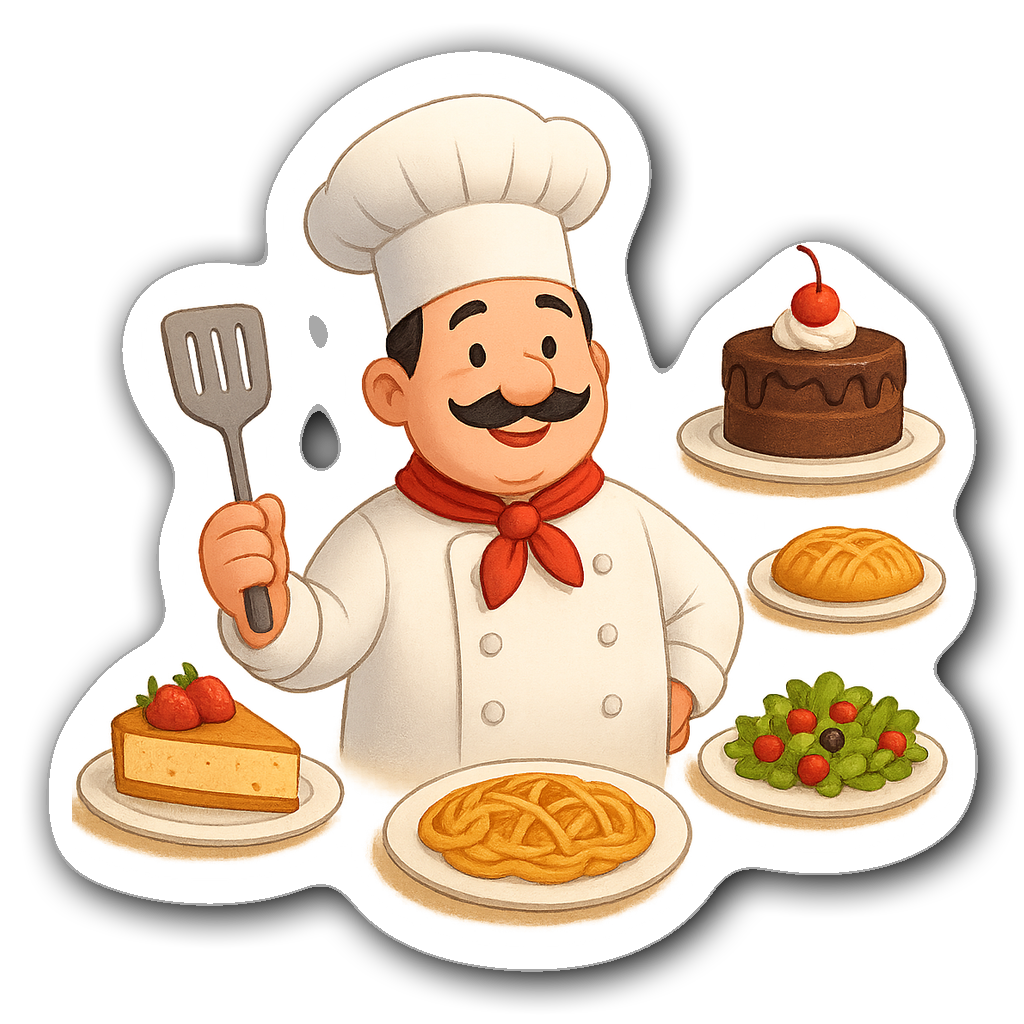 Friendly chef character illustration with dishes