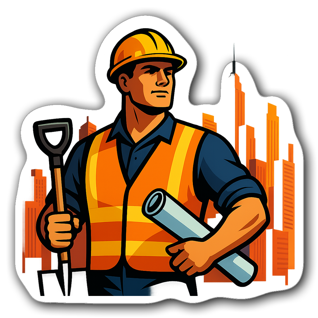 Bold illustration of a construction worker with city skyline