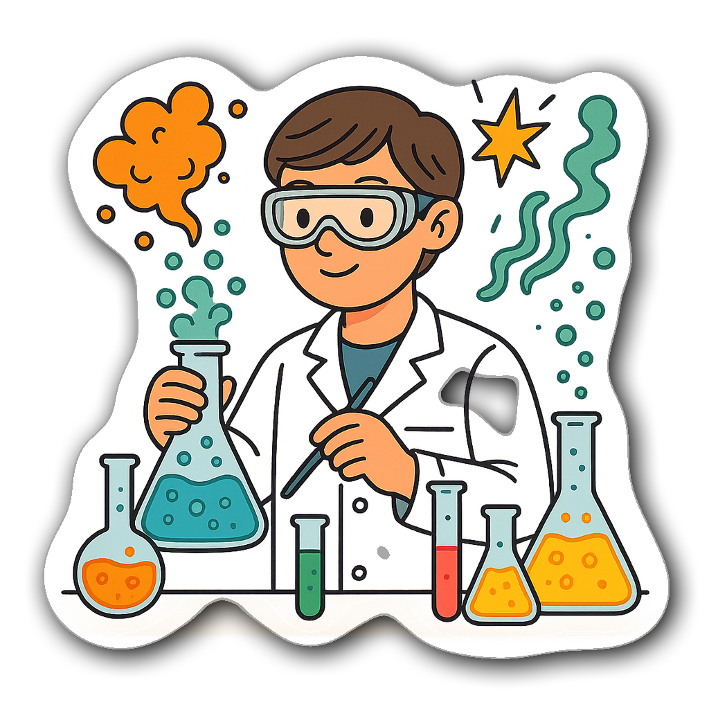 A diligent scientist in a lab coat with colorful beakers and test tubes