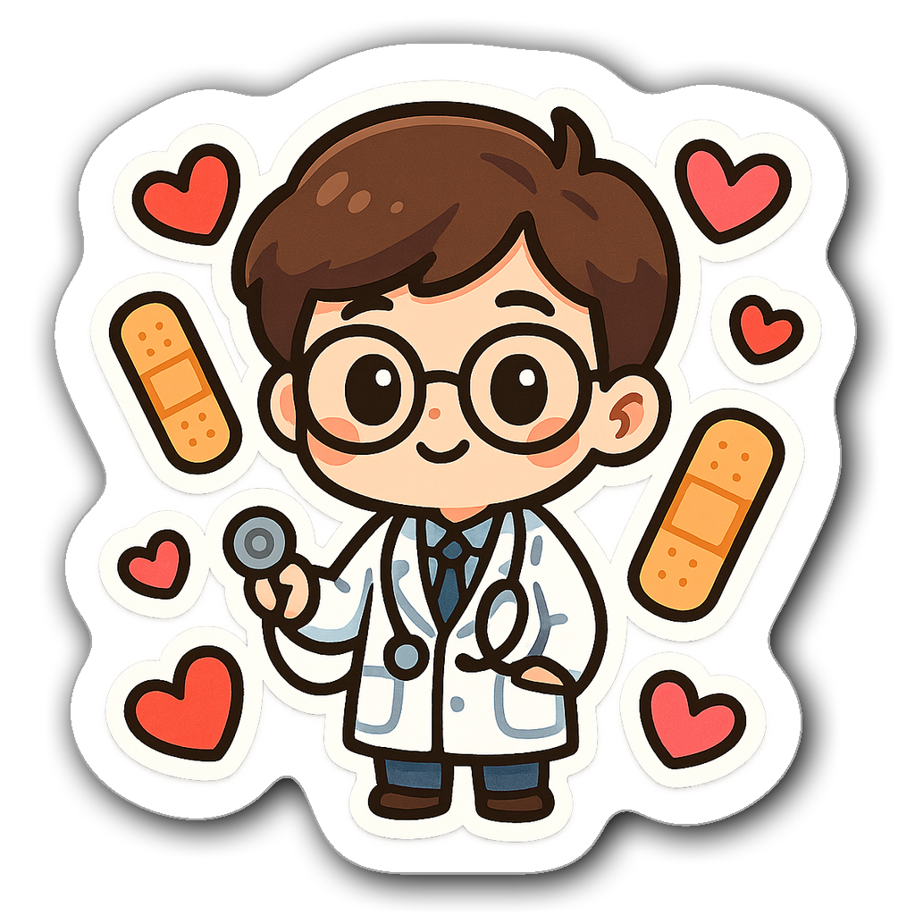 Cute chibi doctor sticker with glasses and stethoscope