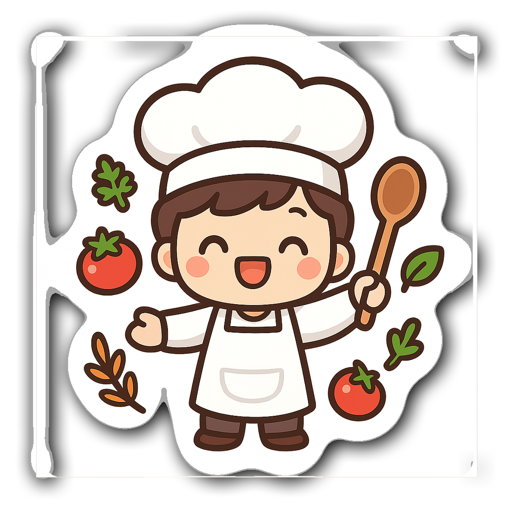 Kawaii chibi chef sticker with big eyes and bright colors