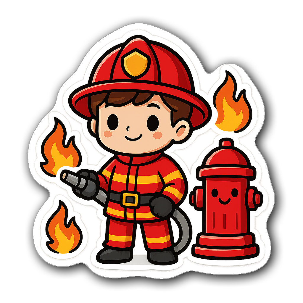 Cute chibi firefighter with red helmet and hose, vibrant sticker
