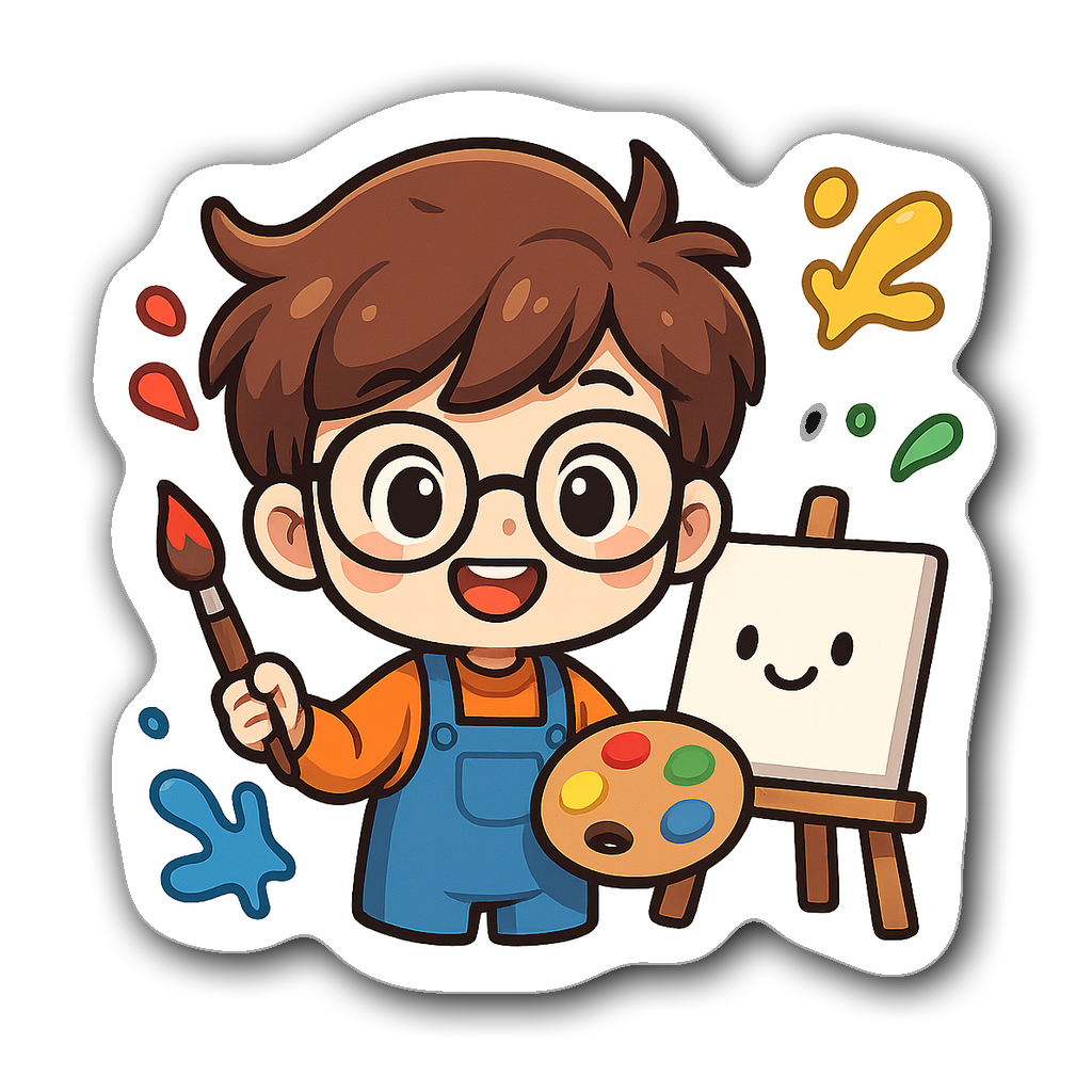 Kawaii chibi artist with oversized glasses and paintbrush