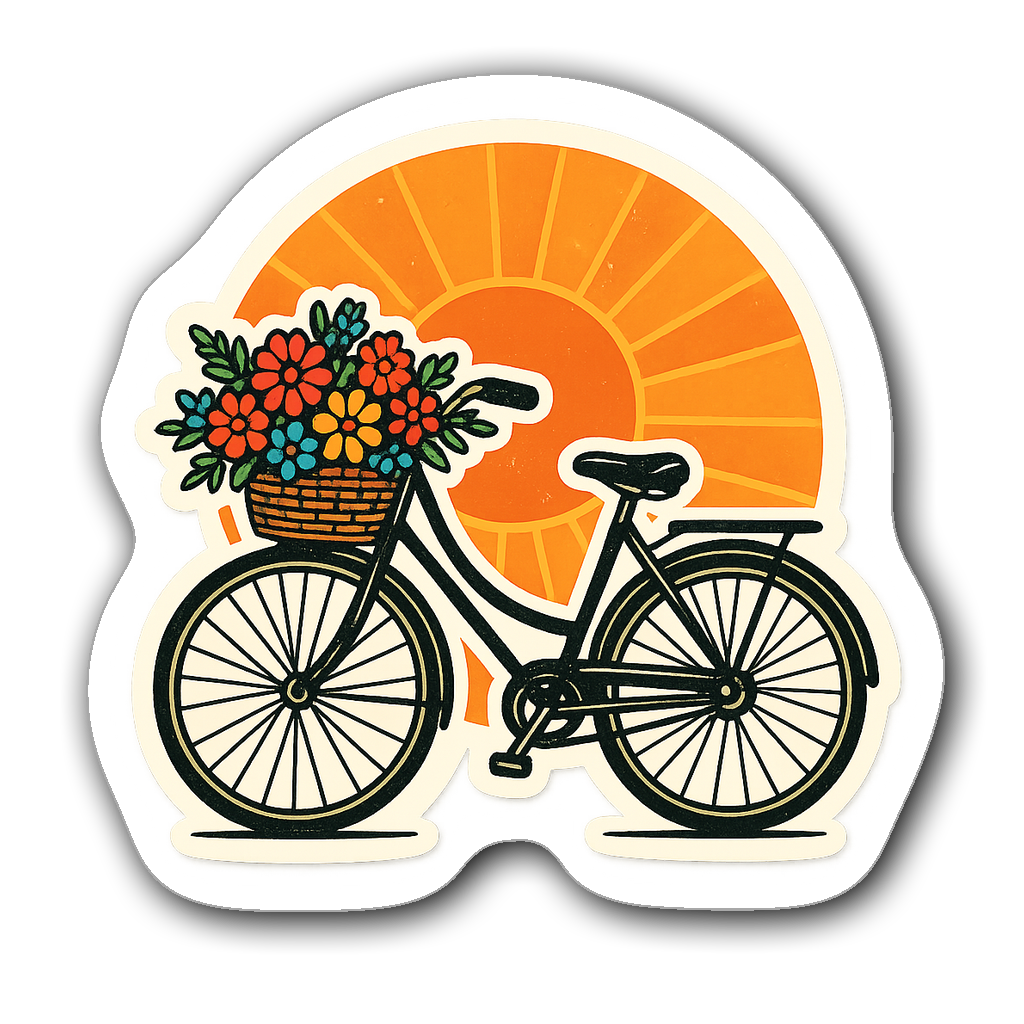 Vintage bicycle with flowers in a colorful basket on sunburst