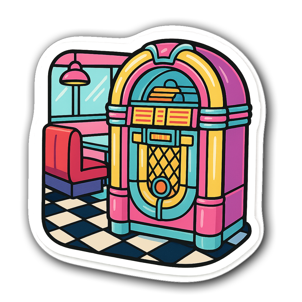Die-cut sticker of a vintage diner scene with jukebox
