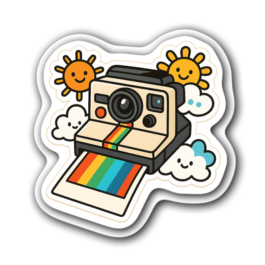 Vinyl sticker of a retro Polaroid camera with colorful film