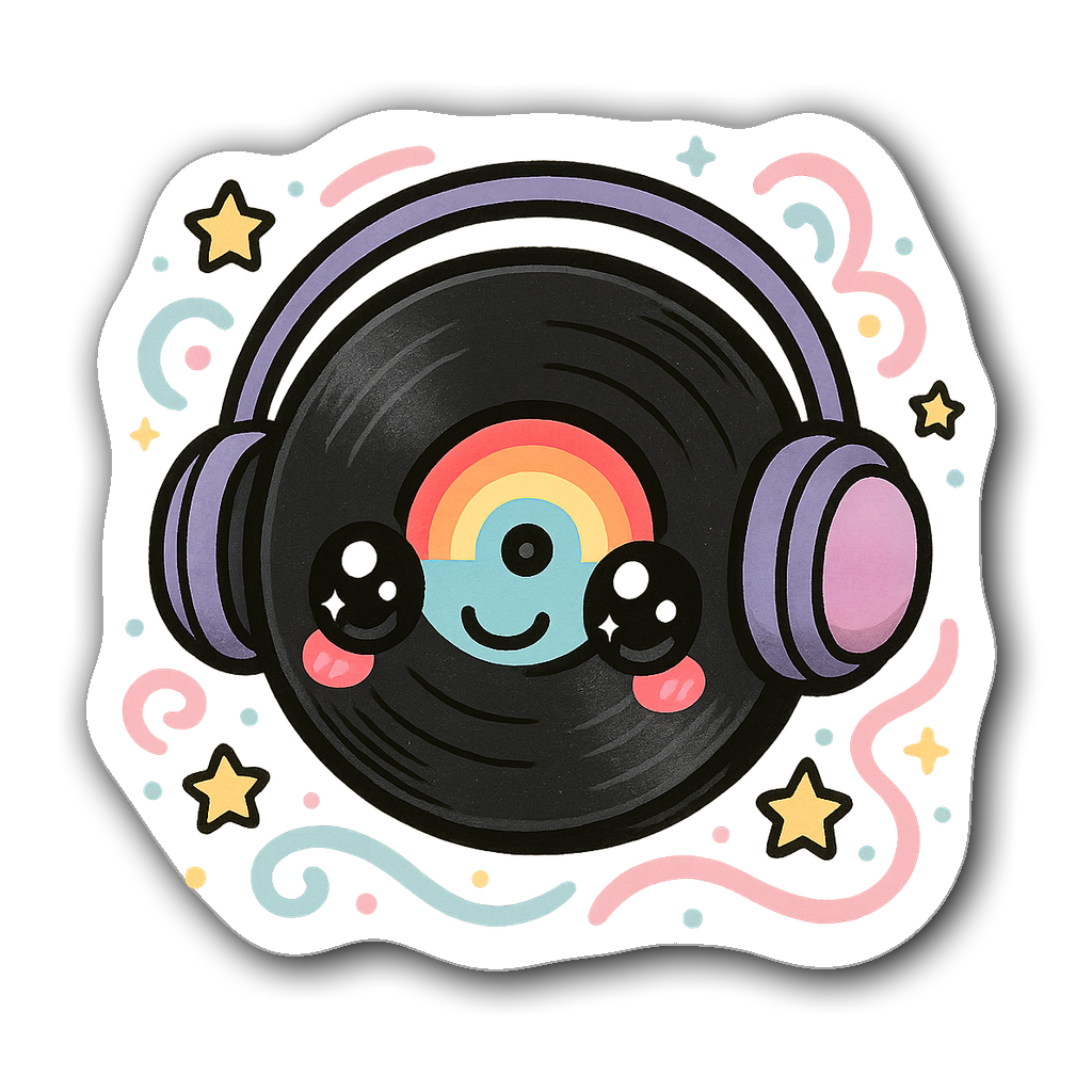 Kawaii chibi vinyl record with big eyes and headphones