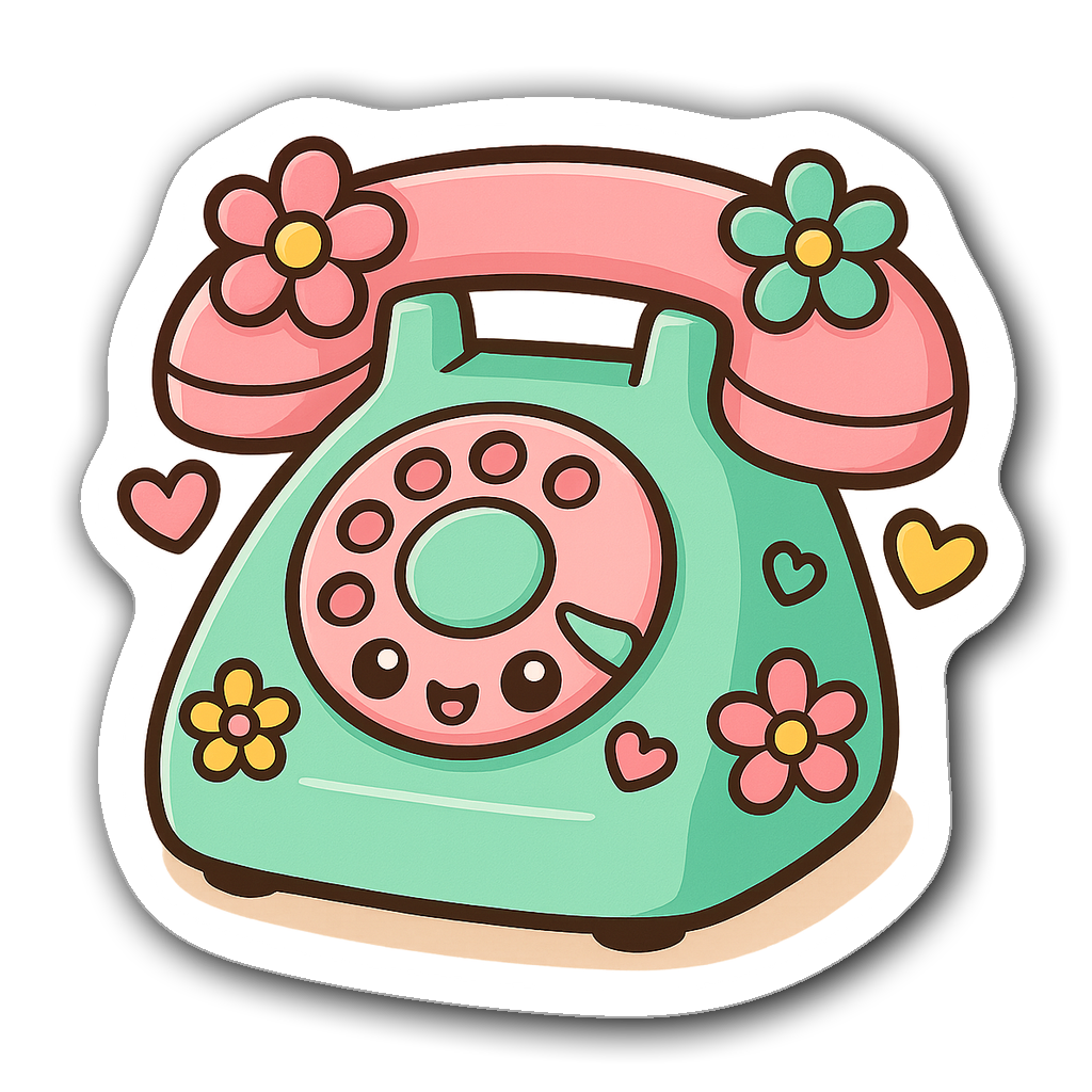 Kawaii chibi-style rotary phone with flowers and hearts