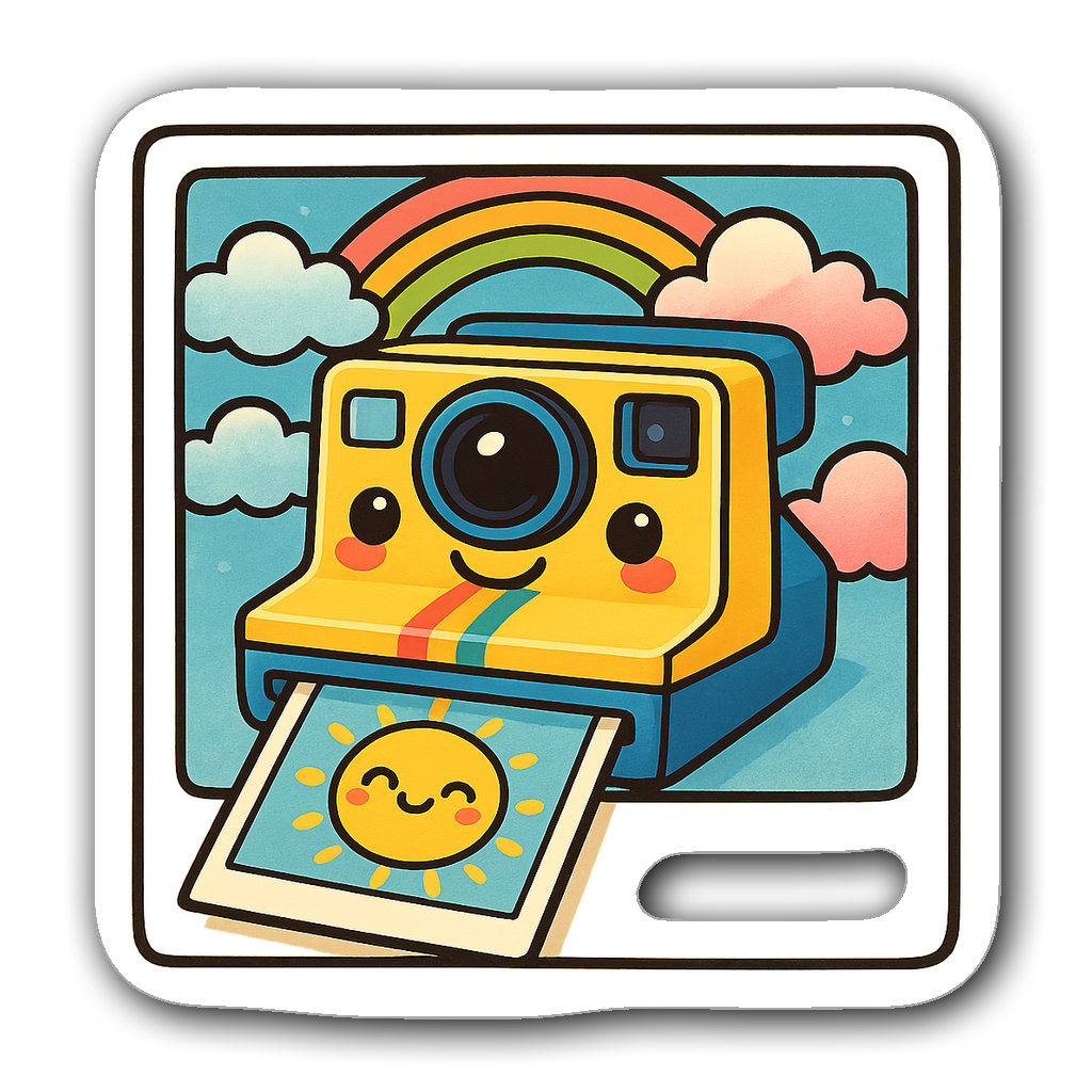 Kawaii chibi polaroid camera taking a picture of a cartoon sun