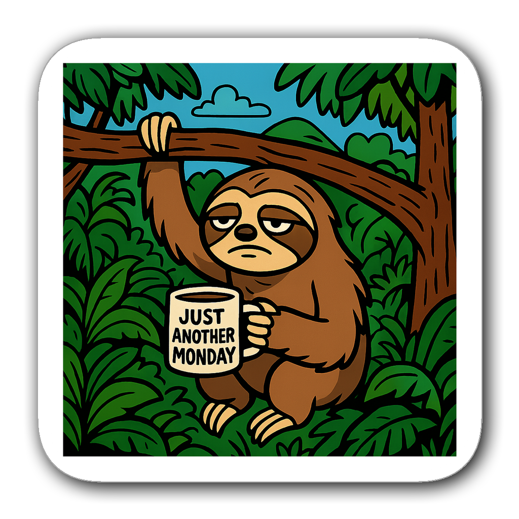 A bored sloth holding a coffee cup labeled 'Just another Monday' in a vibrant jungle scene.