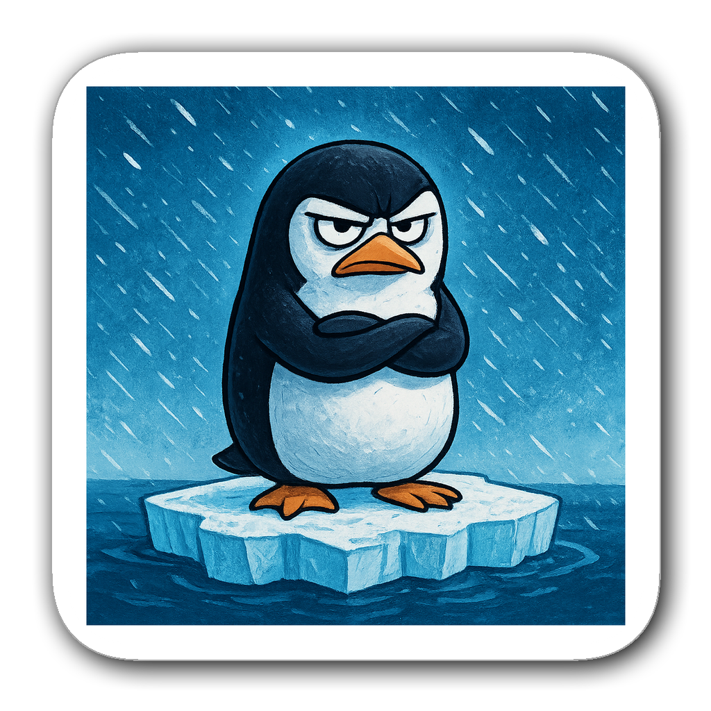 Grumpy penguin with arms crossed on an iceberg in a snowstorm