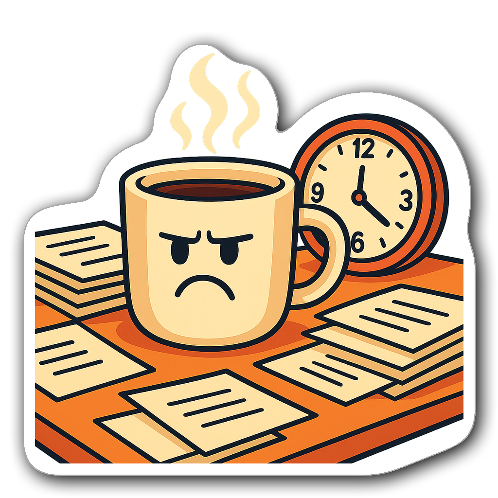 A cartoonish frowning coffee cup with steam, on a desk