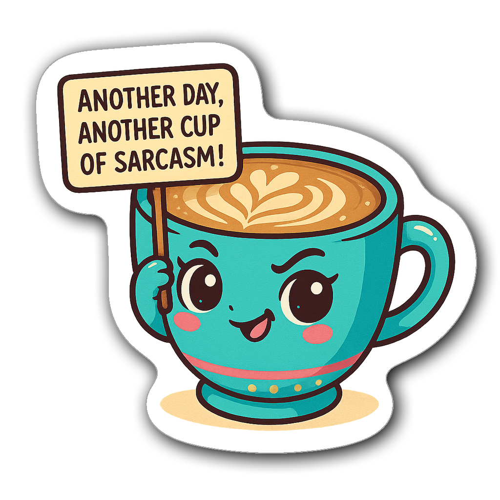 Cheerful chibi coffee cup sticker with cute latte art and sarcasm sign