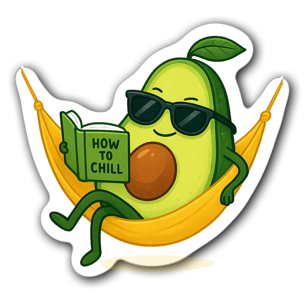 Kawaii avocado sticker with sunglasses lounging in a hammock
