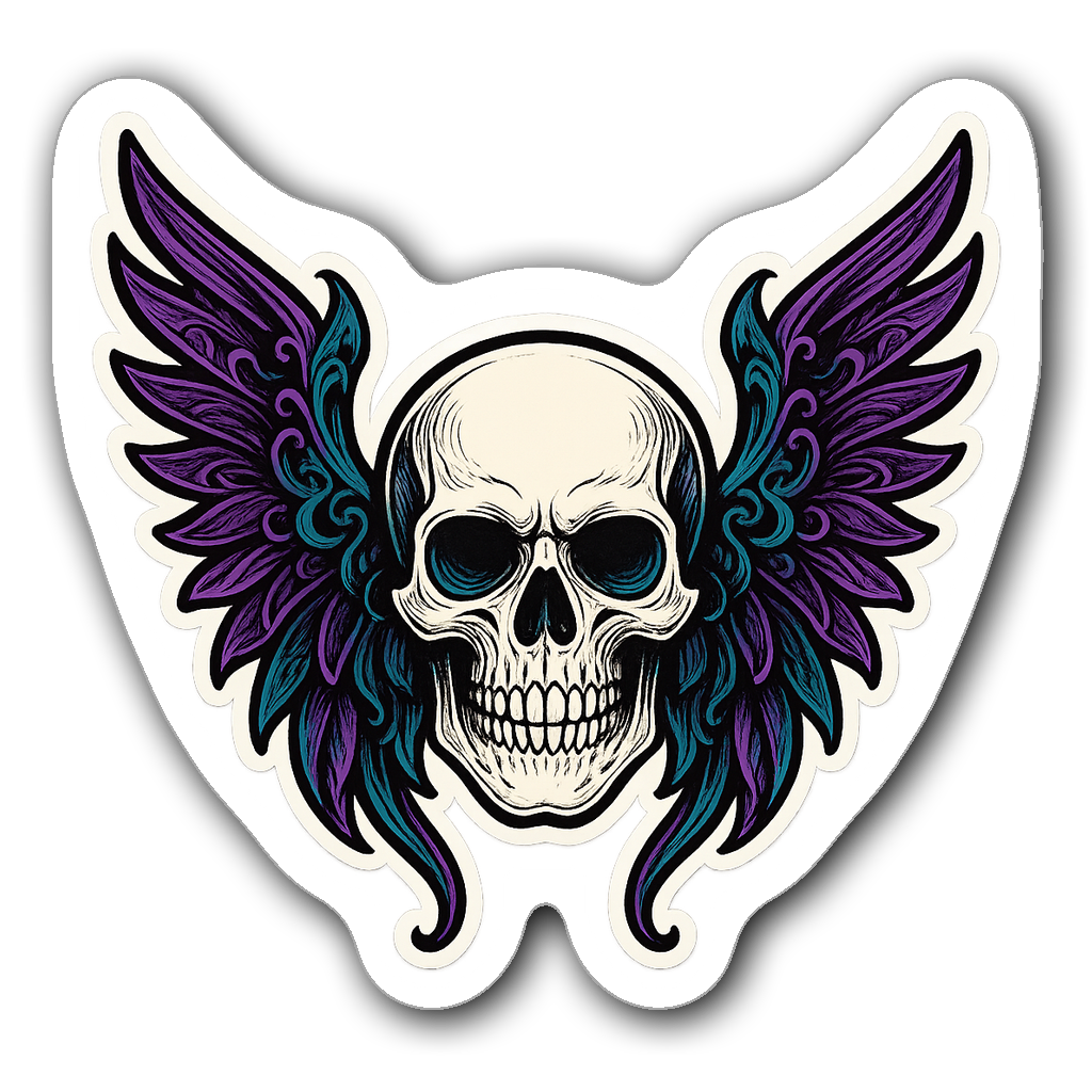 Gothic skull adorned with ornate wings in purple and teal