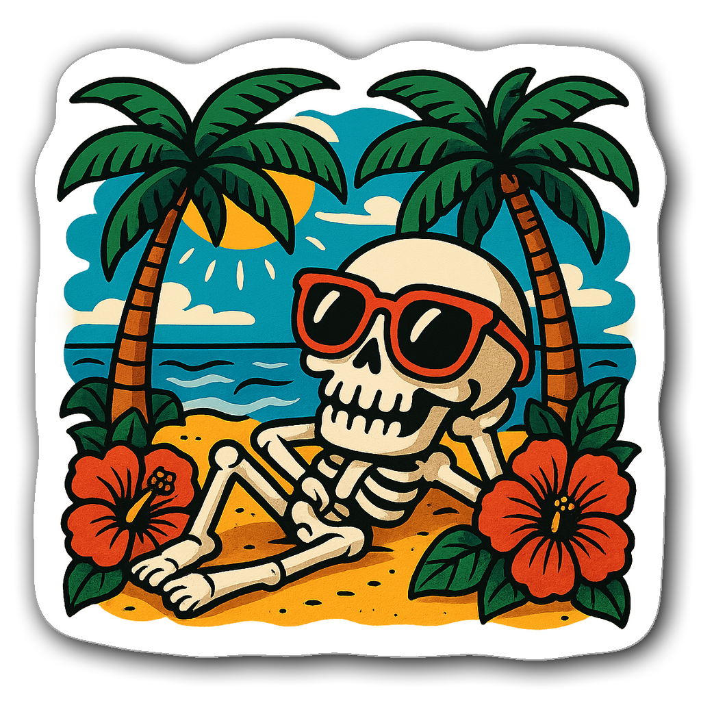 Whimsical skull character lounging on a beach with sunglasses