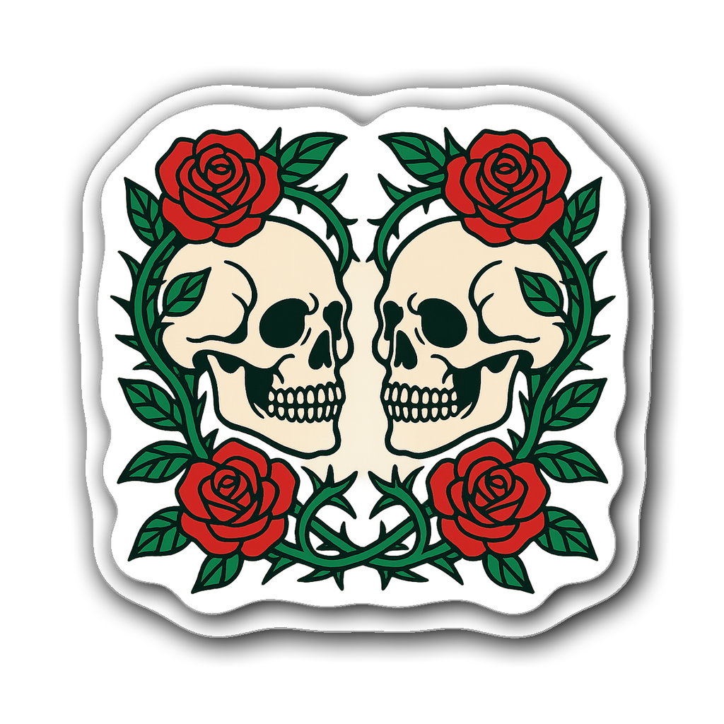 Symmetrical skulls with roses and thorns in vibrant colors