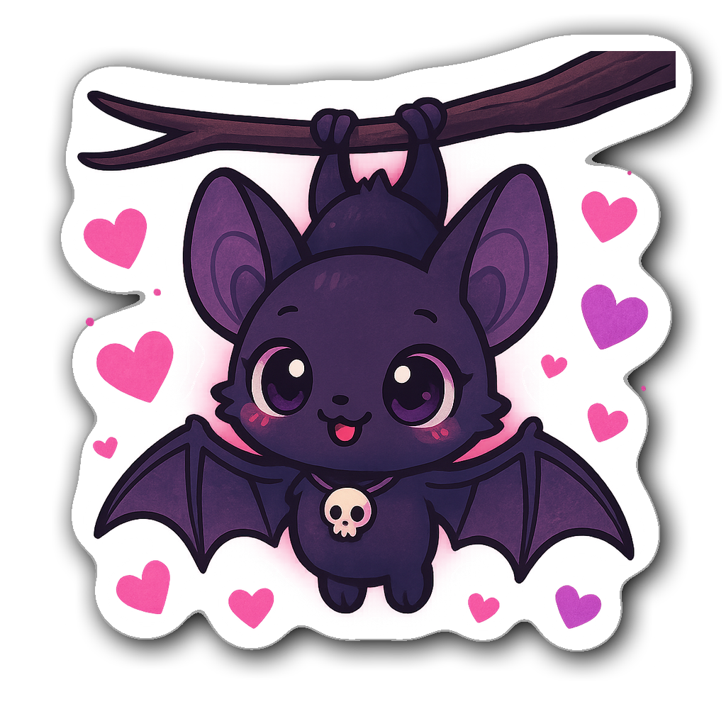 Kawaii chibi bat with large eyes and skull necklace surrounded by hearts