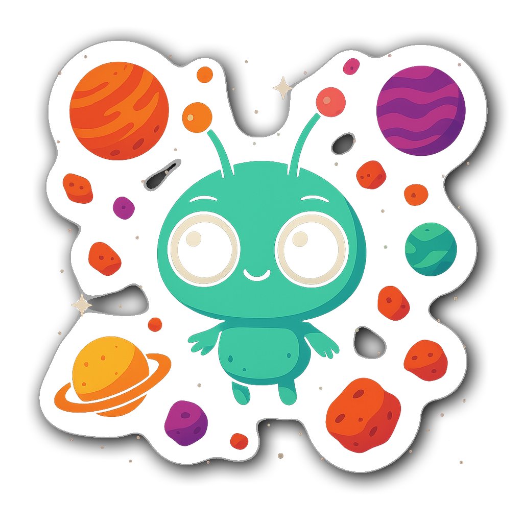 A whimsical alien with big eyes and colorful antennas floating in space