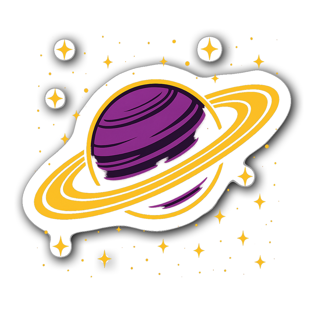 Stylized Saturn planet sticker with gold and purple shades