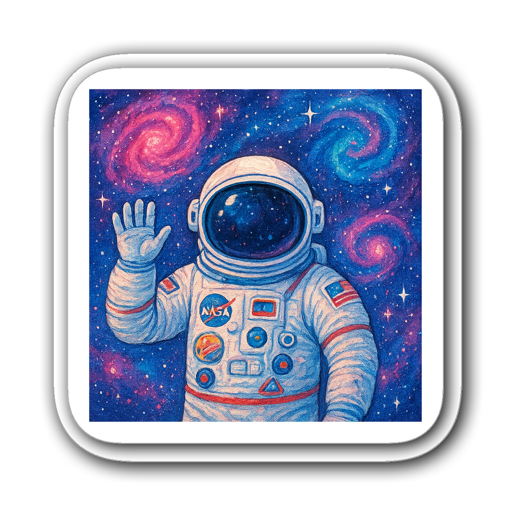 Vinyl sticker of a happy astronaut in a colorful space suit