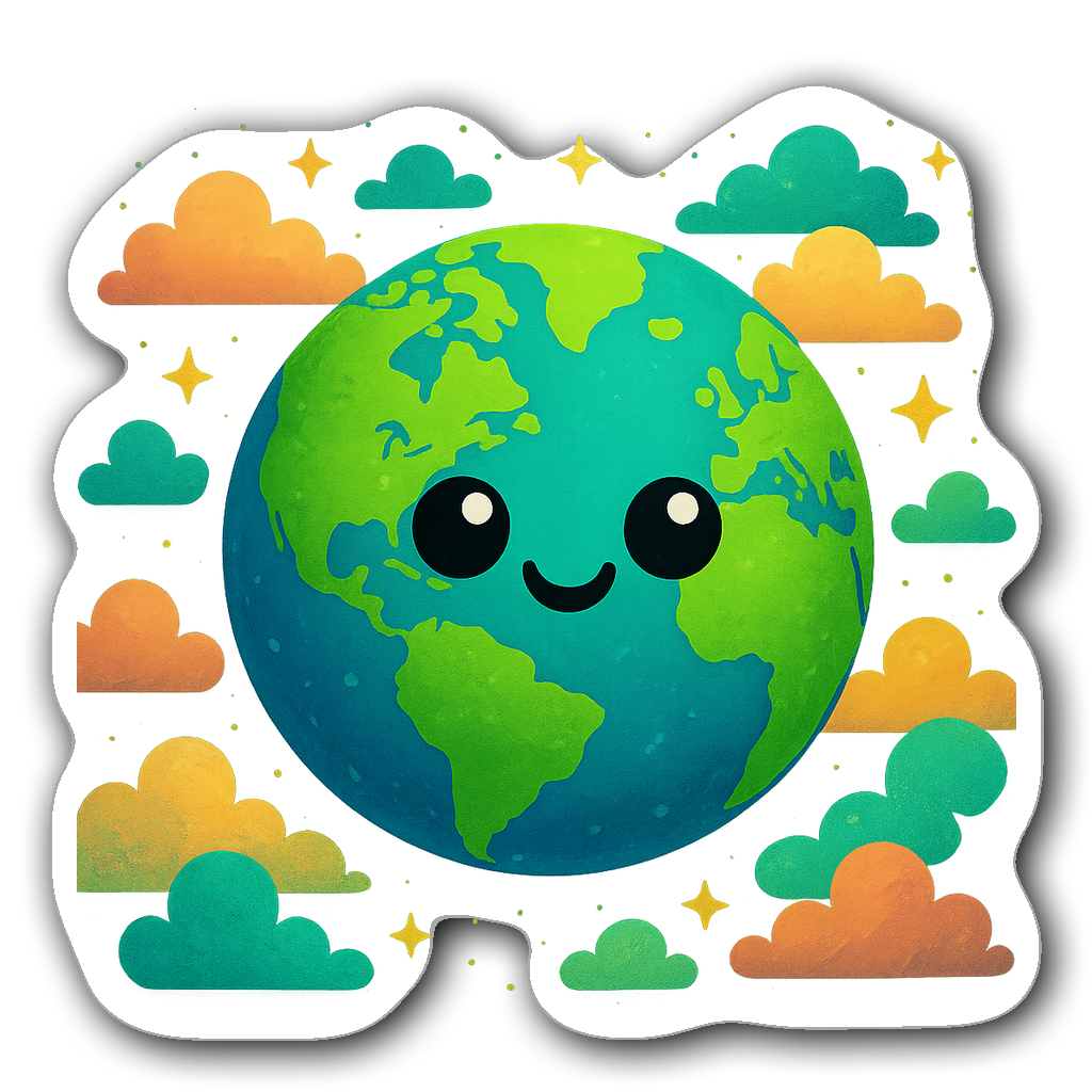 Cute planet Earth sticker with cartoon eyes and colorful clouds