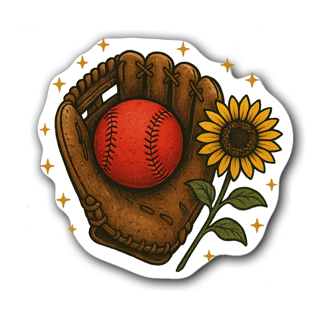 Vintage baseball glove with red baseball and sunflower design