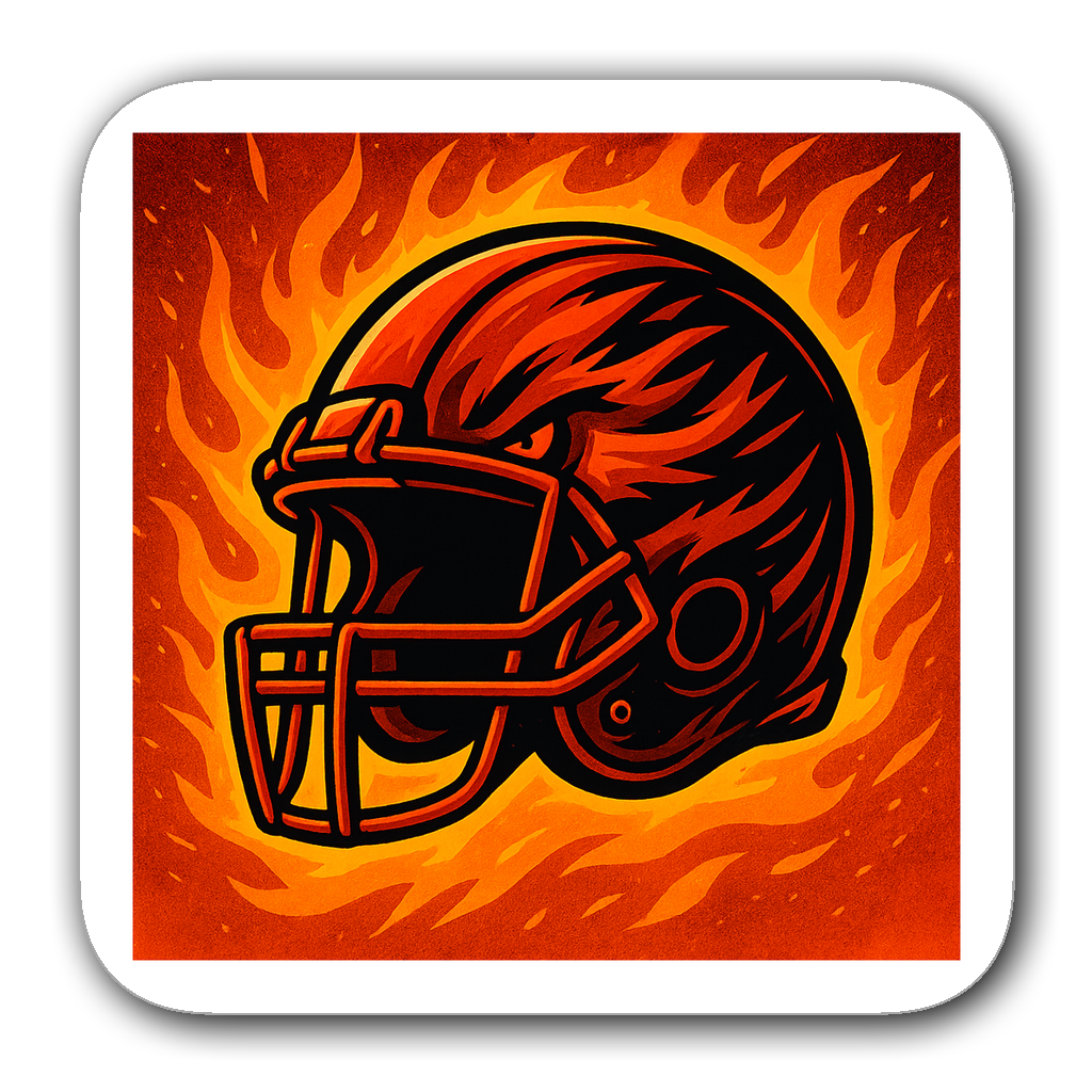 Illustrated football helmet sticker with flames