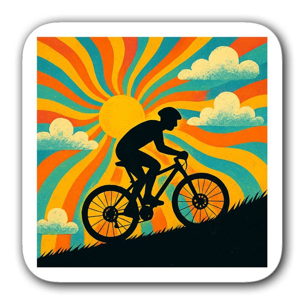 Playful silhouette of a cyclist racing with colorful sunrays